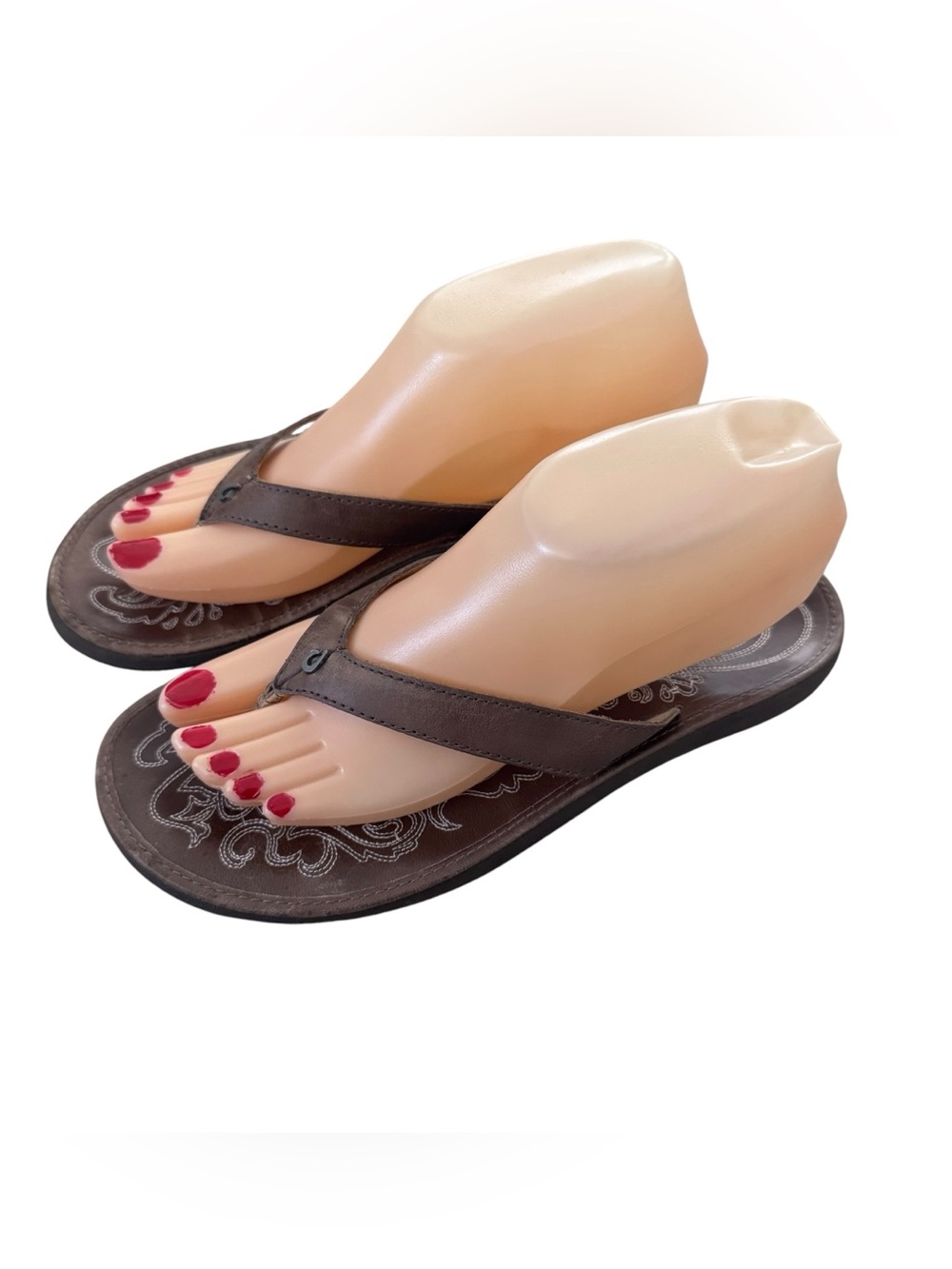 Olukai Paniolo Brown Leather Flip Flop Sandals Size 8 - Picture 4 of 11